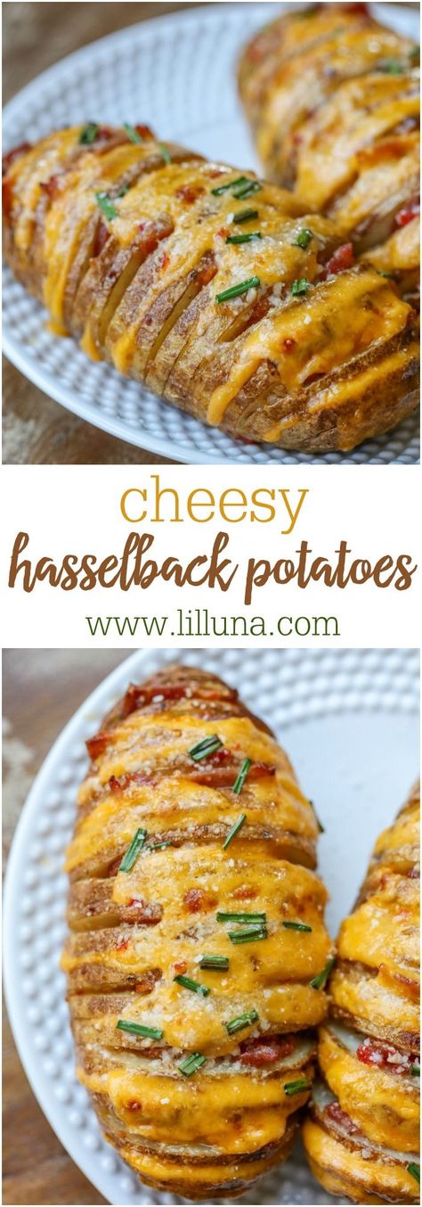 cheesy hasselback potatoes Cheesy Hasselback Potatoes, Potatoes Stuffed, Hasselback Potatoes, Potato Side Dishes, Potato Dishes, Side Recipes, Vegetable Dishes, Side Dish Recipes, Veggie Recipes