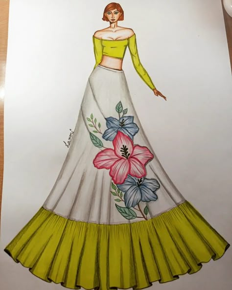 Saree With Head Covered, Emphasis Dress Illustration, Floral Fashion Illustration, Symmetrical Pictures, Creative Fashion Illustration, Lehenga Illustration, Illustration Outfit, Dresses Sketches, Dress Drawing Easy