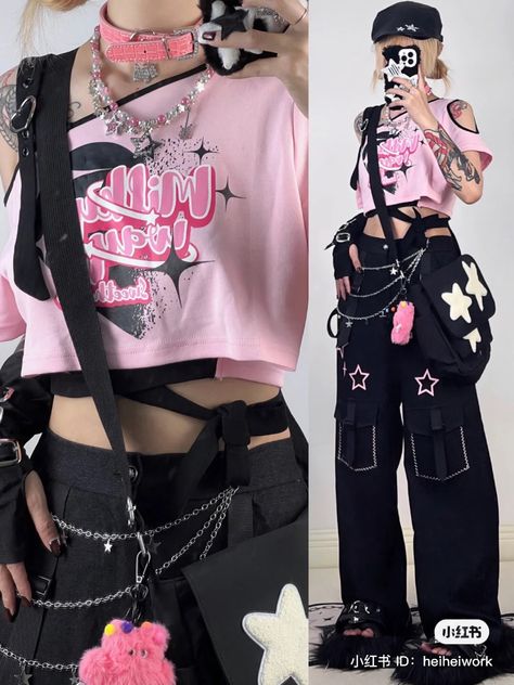 Pink Techwear Outfit, Chinese Goth Fashion, Gabriel O Hara Fanart, Japanese Tomboy Fashion, Menhara Fashion, Pink Masc Outfits, Animecore Outfit, Pink Cyberpunk Outfit, Pastel Techwear