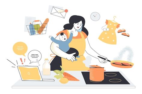 Chaos and stress of multitasking busy mo... | Premium Vector #Freepik #vector #busy-mom #working-mother #tired-mom #mother-cartoon Tired Mother Illustration, Working Mom Illustration, Tired Mom Illustration, Mother Cartoon, Mother Illustration, Tired Woman, Crying Cartoon, Woman Cooking, Mom Working