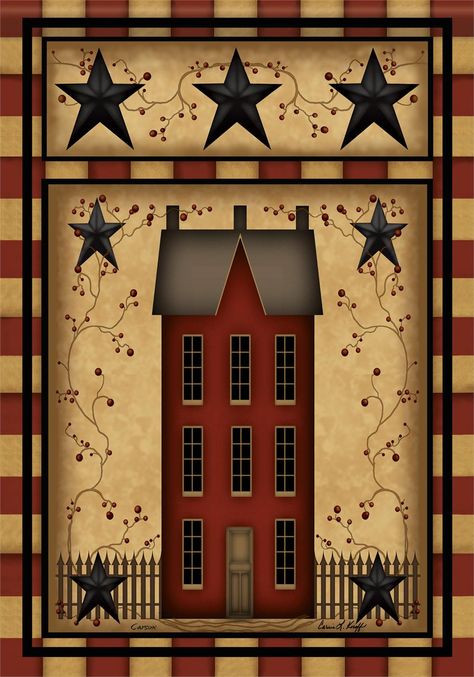 primitive stars | Primitive Star House Double Sided Decorative Flag Primitive Pictures, Salt Box House, Decorative Flags Outdoor, Primitive House, Primitive Painting, Saltbox Houses, Arte Folk, Primitive Homes, Casa Country