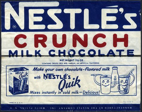 Nestle's Crunch - Nestle's Quik - candy bar wrapper - 1950's 1960's by JasonLiebig, via Flickr Retro Candy Wrappers, Vintage Candy Wrappers, 60s Candy, 1950s Packaging, Nestle Quik, Old School Candy, Nestle Crunch, Make Your Own Chocolate, Retro Packaging