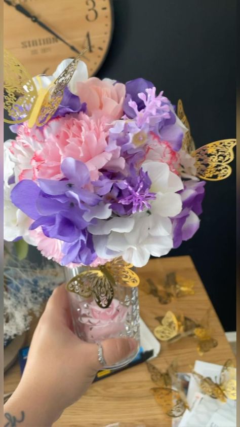 Butterfly Centerpiece Ideas 1st Birthday, Butterfly Themed Birthday Centerpieces, Butterfly Jars Diy, Brain Centerpieces, Encanto Theme Centerpiece Ideas, Pink And Purple Butterfly Centerpieces, Isabella Centerpieces, Butterfly Theme Table Centerpiece, Butterfly Vase Centerpieces