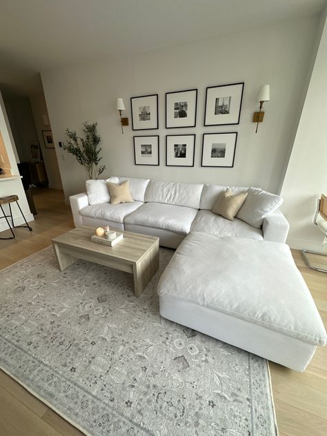 Neutral living room ideas White Couch With Ottoman, Beige Cloud Couch Living Room, Beige Couch White Pillows, Small White Couch Living Room, White Couch Apartment Living Room, White Cloud Couch Living Room, Grey Cloud Couch Living Room, Light Couch Living Room, Living Room Decor White Couch