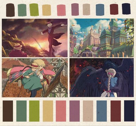 Light spring color palette for the anime film Howl’s Moving Castle ghibli ghiblistudio anime animated spring color colour colorpalettecopies movie cinematography Hayao Miyazaki Color Palettes, Howell Moving Castle Aesthetic, Violet Evergarden Color Palette, Color Palette For Animation, Webtoon Color Palette, Film Colour Palette Movies, Animation Colour Palette, Howls Moving Castle Palette, Studio Ghibli Color Scheme