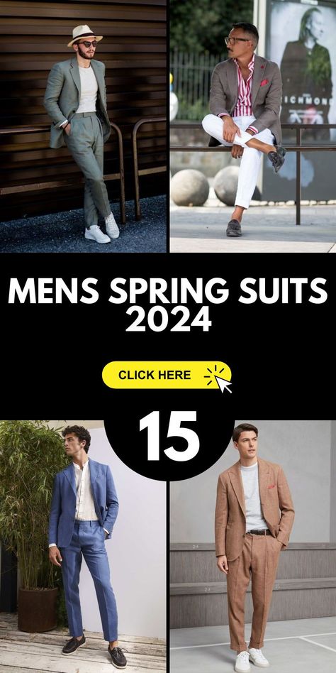 Immerse yourself in the latest men's spring suits for 2024, tailored for weddings and stylish events. Explore modern and classy styles with a variety of colors for men's wedding outfits. Whether you're seeking a stylish black suit or a trendy Korean design, these suits offer a perfect blend of fashion and aesthetic appeal for a wedding guest or the groom. Spring Wedding Guest Men, Spring Wedding Outfit Men, Mens Spring Wedding Attire Guest, Spring Wedding Guest Outfit Men, Spring Suits For Men, Men’s Wedding Guest Outfit, Spring Suits Men, Influence Aesthetic, Mens Suits Style Modern Classy