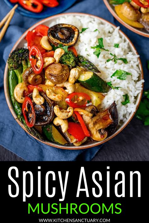 This spicy dish of Asian Mushrooms incorporates a rainbow of veggies! All cooked together on one tray in the oven. It totally hits the spot for a healthier takeout alternative. #asianmushroom #mushroom #cashews #veggies Asian Mushrooms, Asparagus And Broccoli, Toasted Cashews, Chilli Honey, Kitchen Sanctuary, One Pot Vegetarian, Asian Stir Fry, Quick Vegetarian Meals, Asian Vegetables