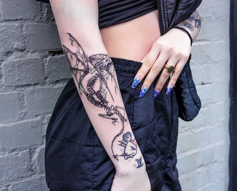 Dragon Bones Tattoo, Skeleton Dragon Tattoo, Dragon Skeleton Tattoo, Dragon Tattoo Arm, Dragon Skeleton, Jack Tattoo, Ink Therapy, Skeleton Tattoo, Dragon Bones