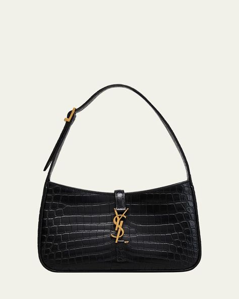 Le 5 A 7 YSL Shoulder Bag in Croc-Embossed Leather Ysl 5 A 7, Ysl Shoulder Bag, Brand Name Bags, Bronze Hardware, The Saint, Leather Bag Women, Saint Laurent Bag, Bag Light, Leather Hobo