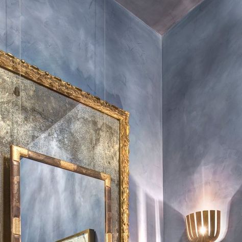 Blue Venetian Plaster, Plaster Wall Texture, Venetian Plaster Walls, Plaster Texture, Venetian Plaster, Powder Bath, Statement Wall, Plaster Walls, Powder Room