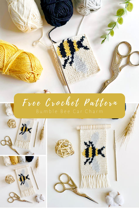 New free crochet pattern is live on my blog! You know that spring is in the air when all the beautiful flowers begin to bloom and the bees wake up from their slumber to begin pollenating the earth. Or in my case eating your garden shed from the outside in and fighting amongst themselves for room and board, lol. #crochet #crochet #crocheting #crochetinspiration #yarn #yarnlove #yarnaddict Bumble Bee Car, Charm Crochet, Wall Hanging Crochet, Hanging Crochet, Mug Rug Patterns, Crochet Car, Crochet Wall Hangings, Rear View Mirror Charm, Love Stitch