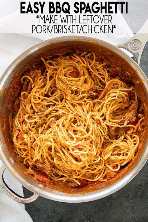 BBQ Spaghetti is the perfect recipe for using up leftover pulled pork, brisket, or even chicken!  This fast and easy dinner has a flavorful bbq sauce you and your whole family will love! Barbecue Spaghetti, Pulled Pork Pasta, Bbq Spaghetti, Bbq Pasta, Fast And Easy Dinner, Leftover Pulled Pork, Pork Brisket, Pork Pasta, Leftover Roast Beef