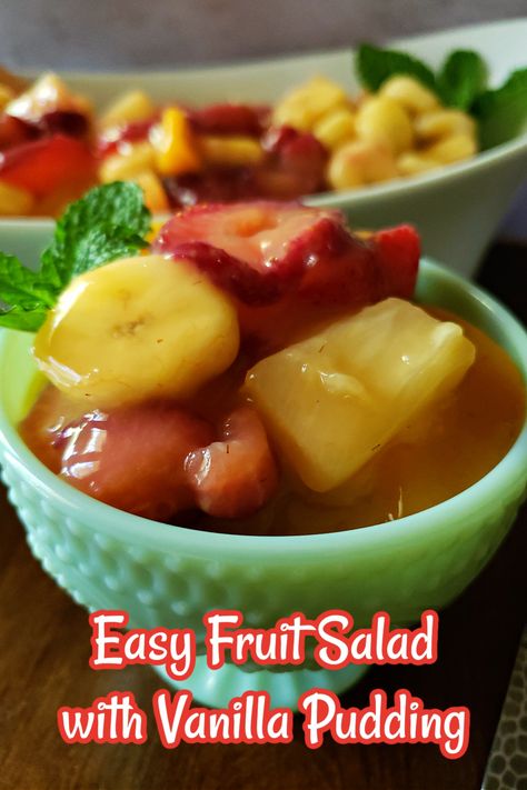 Easy Fruit Salad Recipe with Vanilla Pudding - a medley of juicy fruits, perfectly nestled in a creamy vanilla pudding mix. It's like a little bowl of heaven that'll have you begging for seconds. It takes just 5 ingredients to make this easy fruit salad recipe that is perfect for summer picnics, church potlucks, or any special occasion gathering. Fruit Salad With Pudding Mix Vanilla, Heavenly Fruit Salad, Vanilla Dressing, Fruit Salad With Vanilla Pudding, The Best Fruit Salad, Tropical Fruit Salad Recipe, Chicken Tortillas, Fruit Salad With Pudding, Easy Fruit Salad