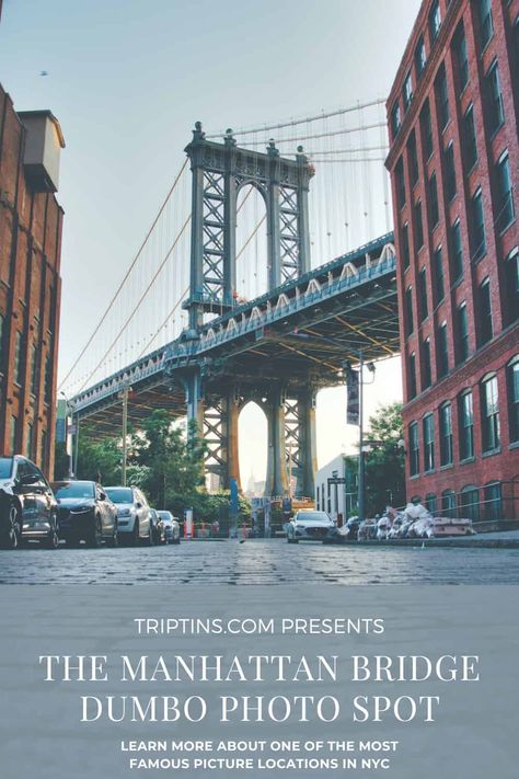 Visiting the Manhattan Bridge View Spot in Dumbo | Photo Location & Tips #manhattanbridge #dumbo #nyc #brooklyn #newyork Dumbo Manhattan Bridge, Manhattan Bridge Photography, Dumbo Nyc, New York City Christmas, New York Landmarks, Brooklyn Newyork, City Christmas, Nyc Engagement, Insta Poses