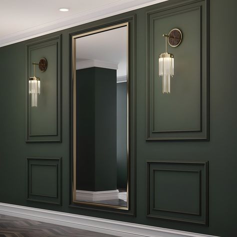 Dark Green Wall Panelling, Paneling With Mirror, Green Panelled Wall, Wall Molding Living Room, Green Sofa Living Room, Diy Girls Bedroom, Wall Panel Molding, Modern Home Offices, Dark Green Walls