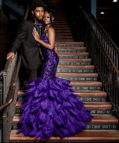 Purple Hoco Dresses Black Women, Purple Prom Dress Black Couple, Prom Picture Poses Black Women, Purple And Black Prom Couple, Dark Purple Prom Couple, Black And Purple Prom Dress, Purple Prom Couple, Prom Black Couples, Royal Purple Prom Dress