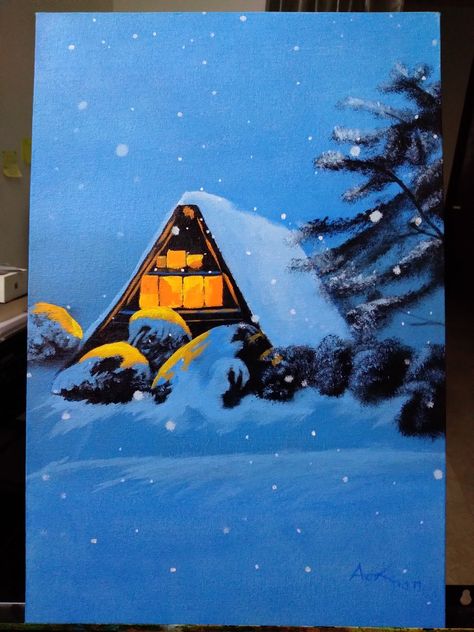 Snowy Painting, Listening Song, Childhood Drawing, Andaman Nicobar, Easy Scenery Drawing, Acrylic Painting Inspiration, Canvas Drawing, Cute Canvas Paintings, Holiday Painting