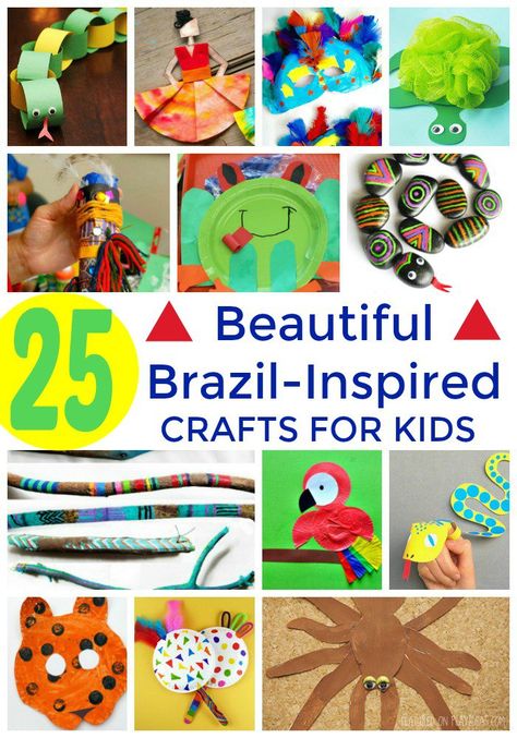 With the 2016 Summer Olympics taking place in Brazil, my kids are super excited to know everything there is to know about Rio, the Andes, and all things South America! If your kids are just as excited, these 25 Beautiful Brazil-Inspired Crafts For Kids are perfect for you. From rainforests, to sports, to animals, and even carnival, Brazil is a cornucopia of color, and majesty! These colorful and amazing crafts are going to keep you and the kiddo's inspired for hours, and let you learn about ... International Crafts For Kids, South American Crafts For Kids, Brazil Crafts For Kids, South America Crafts, South America Preschool, South American Crafts, Brazil Crafts, Brazilian Crafts, Around The World Crafts For Kids