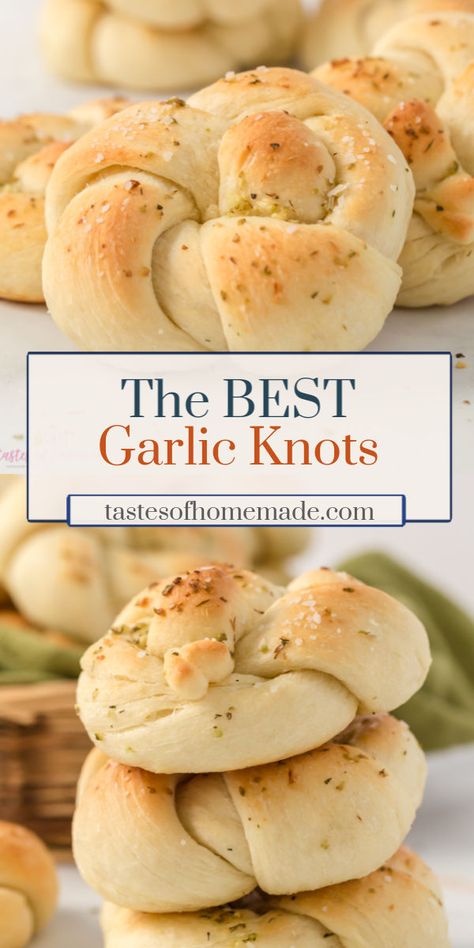 Homemade garlic knots are so easy to make and are a great side dish for pasta, soups and stews.  A simply yeast dough is twisted into knots and smothered in a savoury garlic herb butter.  Lightly crisp on the outside and soft on the inside, these are the best and easiest garlic knots to make at home. #bread #rolls #garlic #homemade #easy #herbs Easy Yeast Bread, Bread Knots, Homemade Garlic Knots, Garlic Herb Bread, Garlic Twist, Bread Twists, Garlic Knots Recipe, Garlic Rolls, Herb Bread