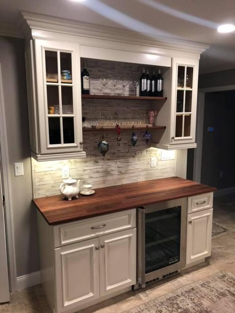 Coffee Bar Ideas Built In Wall, Rustic Dry Bar Ideas, Serving Bar In Kitchen, Breakfast Bar Built Into Wall, Basement Wet Bar Ideas Small Spaces, Kitchen Wet Bar Ideas, Bar Area In Living Room, Kitchen Dry Bar, Beverage Bar Ideas