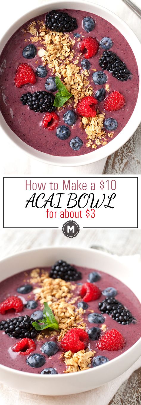 How to Make a $10 Acai Bowl for $3: Acai bowls are all the rage these days but you might get sticker shock if you try to order one at a healthy breakfast spot. Luckily, you can easily make these at home if you have a blender. They are a perfect healthy way to start the day! | macheesmo.com Breakfast Acai Bowl, Brunch Dessert, Smoothie Breakfast, Acai Bowls Recipe, Breakfast Smoothie Bowl, Smoothie Fruit, Acai Bowls, A Healthy Breakfast, Spinach Smoothie