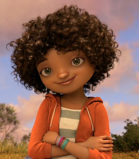 DreamWorks' Home: Tip lead character - mixed race female (with awesome hair!) talks about Barbados (Rihanna), brought up by single latino mum (JLo), and travelling to Paris, Australia. Alien 'Oh' (Jim Parsons) - learning about humans and friendship. Very 'Lilo and Stich' but also about cowardice/making an effort/looking for alternatives (not thinking probability of unsuccess, but giving it a go), and that evil isn't always evil (the shush stick!) Hair Cartoon, Brown Curly Hair, Cartoon Character, Curly Hair, Hair