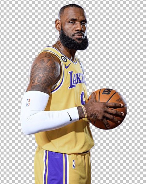 LeBron James holding a basketball and wearing a yellow Lakers jersey.