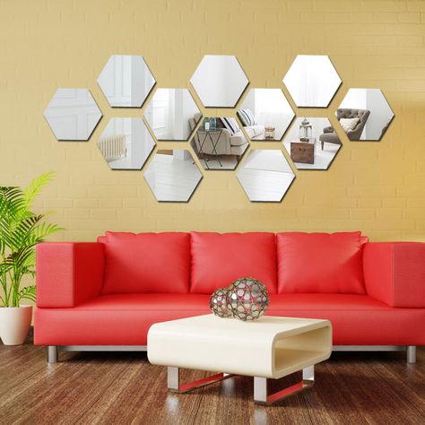 12PCS Hexagon Stereoscopic Mirror Wall Sticker Home Decor Stickers Mirror, Living Room Decal, Mosaic Tiles Diy, 3d Mirror Wall Stickers, Hexagon Mirror, Diy Wall Stickers, Diy Wand, Diy Tile, Mirror Stickers