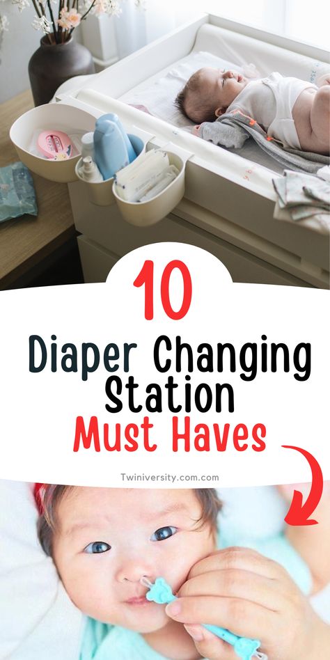 If you’re only using your diaper changing station to hold diapers, wipes, and butt cream, you are missing out! We are going to help you maximize the functionality of your diaper station with 10 items that you may not have thought to keep at that station, but will now find you just can’t live without while trying to wrangle your wiggly twinnies! Diapering Station, Diaper Station, Diaper Changing Station, Changing Station, All Things New, Find You, New Parents, How To Know, Must Haves