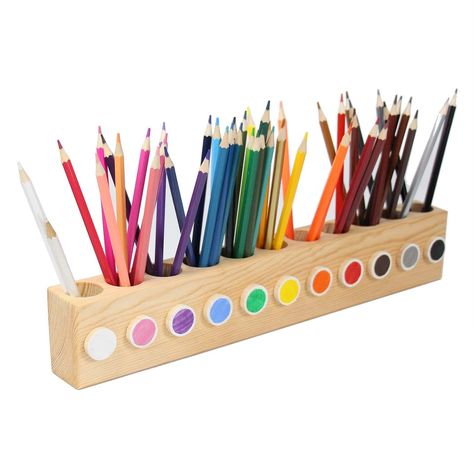 PRICES MAY VARY. 【EASY TO SORT】 11 Colored holders, and each one can carry 9-10 regular size pencils. Easy to sort your colored pencils and crayons. Help your art station stay neath and organized! 【STURDY WOOD CONSTRUCTION】 Caddy measures 16.1l×1.9w×2.8h inch, made of one whole wood, not stitched. Coated with natural linseed oil. 【NO HARMFUL SUBSTANCES】 Made of natural wood, no substances harmful to the body. The edges are polished smoothly, making it comfortable to touch. 【NICE DESK DECORATION】 Crayon Storage, Colored Pencil Holder, Art Supply Organization, Pencil Organizer, Kids Art Supplies, Drawing Supplies, Supplies Organization, Desktop Storage, Paper Organization