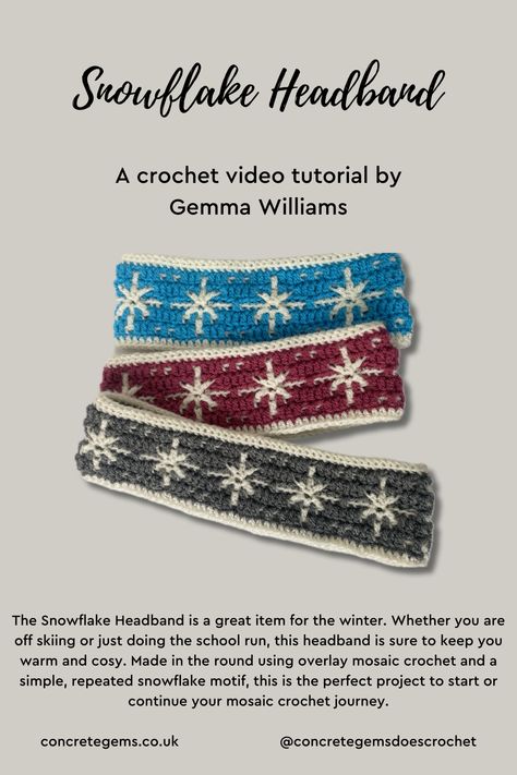 The Snowflake crochet Headband is a great item for the winter. Whether you are off skiing or just doing the school run, this headband is sure to keep you warm and cosy. Made in the round using overlay mosaic crochet, this is the perfect project to start or continue your mosaic crochet journey. The simple, repeated snowflake motif is easy to pick up, but creates a lovely, wintry effect.
Buy the pdf pattern: https://www.ravelry.com/patterns/library/snowflake-headband-15 Crochet Snowflake Headband, Easy Crochet Winter Headband, Snowflake Headband, Snowflake Crochet, Overlay Mosaic Crochet, Winter Sets, Hats Crochet, Headband Crochet, Mosaic Crochet