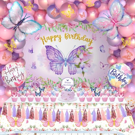 PRICES MAY VARY. What You Will Get: Value package! 138pcs purple butterfly decorations! You can find everything you want in our set: 65 x latex balloons(12in x 25pcs, 10in x 20pcs, 5in x 20pcs; Color: metal powder, deep purple, flesh pink, light purple, rose gold glitter), 1 x butterfly backdrop, 15 x tassle, 4 x butterfly foil balloons, 1 x butterfly tablecloth, 25 x butterfly cake toppers, 24 butterfly wall stickers and 3 accessories. Totally 138pcs. Charming Butterfly Decorations: Every littl Purple Butterfly Decorations, Butterfly Theme Party Decoration, Butterfly Tablecloth, Butterfly Backdrop, Butterfly Birthday Decorations, Clear Balloons With Confetti, Butterfly Theme Party, 3d Butterfly Wall Decor, Butterfly Party Decorations