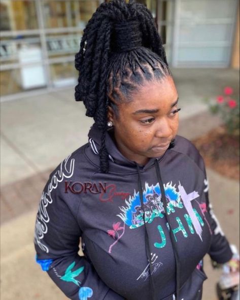 Loc High Bun Styles, Long Locs Ponytail, Loc Knot Ponytail, Long Loc Styles Women Updo, High Updos For Long Hair, Loc Updo Styles Long, Loc Knot Bob, Dreads Updo, Loc Twist