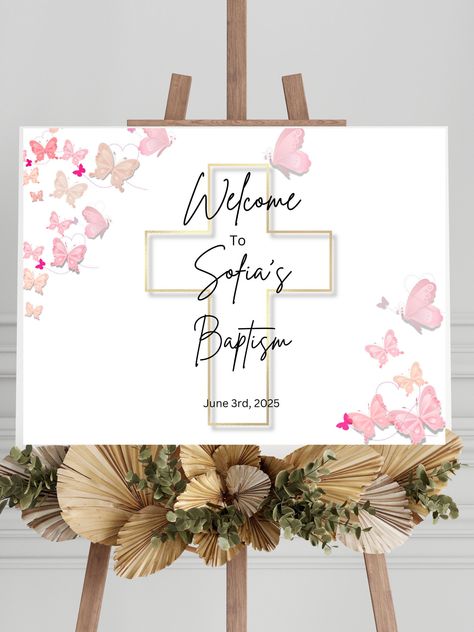 Welcome your guests with this beautifully designed 24x18 Pink Butterfly Welcome Sign, perfect for celebrating special occasions such as christenings, baptisms, first communions, confirmations, and weddings. This customizable Canva template features a delicate pink butterfly border and a subtle cross in the background, creating an elegant and meaningful display. Features: Size: 24x18 inches Design: Whiteboard background with pink butterfly border and cross detail Personalization: Easily add your Whiteboard Background, Butterfly Welcome Sign, Butterfly Border, Butterfly Party Decorations, Communion Wedding, Event Entrance, Baptism Decorations, Download Sign, Event Sign