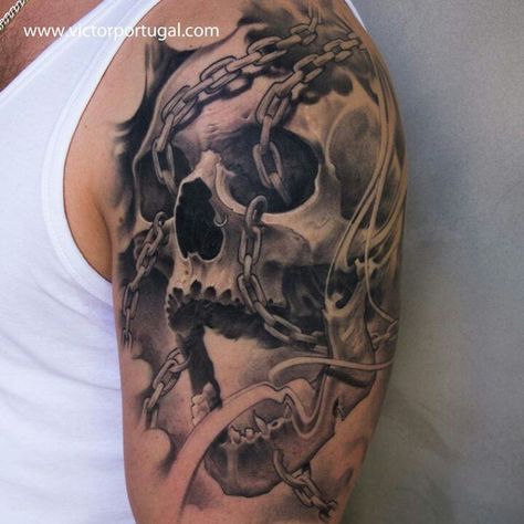 Chain Tattoos, Tattoo Crane, Cool Half Sleeve Tattoos, Chain Tattoo, Skull Sleeve Tattoos, Skull Sleeve, Biker Tattoos, Tattoo Skull, Half Sleeve Tattoos For Guys