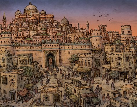 City Drawing Easy, Arabic City, Whyt Manga, Islamic City, Medieval World, City Drawing, Minecraft Architecture, Fantasy City, Fantasy Castle