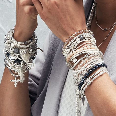 A two hand stack is always the best • #stackedbracelets #bohostyle #gypsystyle #bracelets Silver Stacking Bracelets, Stacked Bracelets With Watch, Hand Stack, Bracelet Stack Ideas, Silver Bracelet Stack, Stacked Bracelets, Luxury Jewelry Brands, Stacking Bracelets, Mode Casual