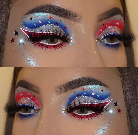 July 4th Eyeshadow, Red White And Blue Eyeshadow Looks, 4th Of July Eyeliner, 4 Th Of July Makeup, Red White Blue Makeup, Labor Day Makeup, American Flag Makeup, Memorial Day Makeup Looks, Red White And Blue Makeup Looks