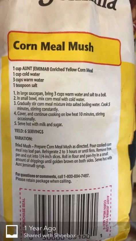 Cornmeal Mush Mush Recipe, Fried Mush, Scrapple Recipe, Breakfast Cereal Recipes, Cornmeal Mush, Cornmeal Recipes, Cornbread Recipe Sweet, Corn Meal, Aunt Jemima