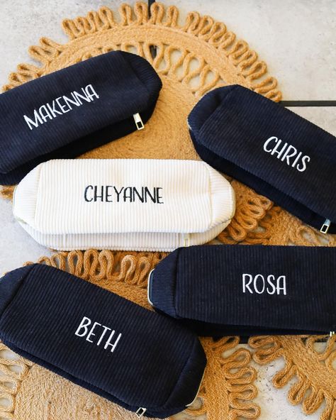 Obsessed with our JKSN embroidered corded cosmetic bags 🤍 I’ve created so many orders for bachelorette weekends, or bridal party gifts, and these truly NEVER get old! There is truly just ✨something✨ about a fully customized gift! These are available on our website & Etsy! . . . #bachelorette #bridalparty #bride #bacheloretteparty #embroidery #smallbusiness #shopsmall Bridesmaids Bachelorette, Block Font, Bachelorette Gift, Travel Necessities, Beige Bag, Bachelorette Party Gifts, Bachelorette Gifts, Capital Letters, Embroidered Bag