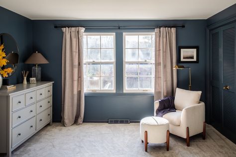 Dark Blue Paint Color, Dark Blue Bedroom, Sherwin Williams Blue, Dark Blue Bedrooms, Warm Paint Colors, Blue Gray Paint, Half Price Drapes, Bedroom Reveal, Home Staging Tips