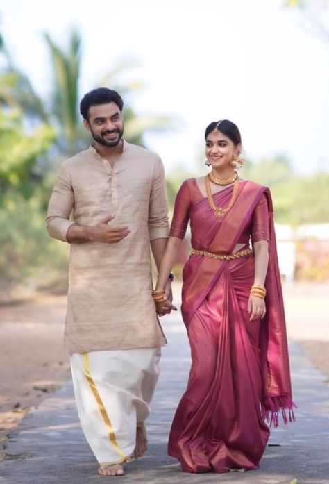 Groom Father Indian Wedding Outfits, Kerala Onam Dress For Mens, Kerala Wedding Groom Dress, South Indian Wedding Outfits Bride And Groom, Engagement Look For Men Indian, South Indian Wedding Photos, South Indian Engagement Outfit For Bride, Onam Outfits Ideas Men, South Indian Couple Wedding Outfit