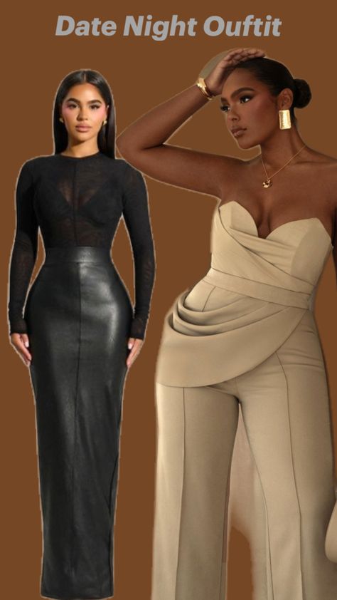 Elevate your date night look with a black leather maxi skirt paired with a tan beige jumpsuit. Effortlessly sophisticated and perfect for a night to remember. Leather Maxi Skirt, Beige Jumpsuit, A Night To Remember, Night Looks, Date Night Outfit, Date Night, Maxi Skirt, Black Leather, Jumpsuit