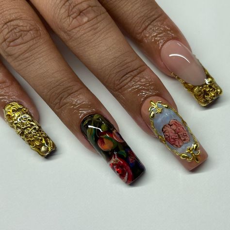 @nailedbytav on Instagram: “opulence? opulence. Handpainted 4hr #goldnails #lanails #lanailtech #lanailart #framenails” La Nails, April 12, Nail Art Inspiration, Gold Nails, Gold Frame, Framed Art, Manicure, Art Inspiration, Nail Art