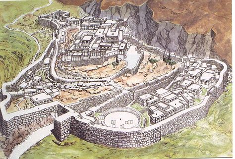 Minoan and Mycenaean Art - Reconstruction of Mycenae citadel Mycenaean Architecture, Lion Gate, Sea Peoples, Minoan Art, Istoria Artei, Rpg Map, Greek History, Greek Culture, Greek Art