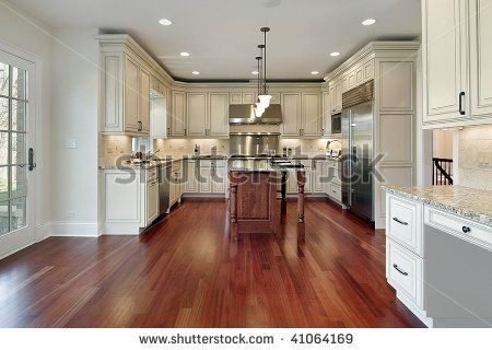 White cabinets with cherry stain floor Kitchen Cabinets Cherry Wood, Wood Backsplash Ideas, Trendy Kitchen Cabinets, Cherry Hardwood Flooring, Brazilian Cherry Floors, Cherry Wood Floors, Cherry Floors, Wood Floor Kitchen, Cherry Kitchen