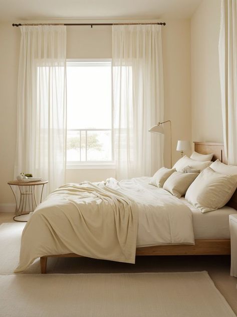 Create a tranquil atmosphere with pale yellow walls as the backdrop of your bedroom. Enhance the aesthetic by incorporating a soft white bedding set, wooden furniture, and drape sheer curtains for a dreamy touch. Pale Yellow Bedroom Ideas, Pale Yellow Bedroom, Yellow Bed Set, Pale Yellow Bedrooms, Pale Yellow Walls, Yellow Bedroom Ideas, Yellow Bed, White Bedding Set, White Bed Set