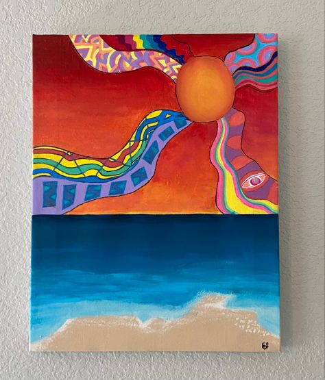 #beach #painting #acrylic #art #trippy #psychedelic #water #sun #trippyart #peace #sunny #artistic #aesthetic #beachart #surf #waves #love Trippy Beach, Paintings Beach, Art Core, Beach Hippie, Art Trippy, Hippie Painting, College Aesthetic, Paint Acrylic, Aesthetic Tiktok