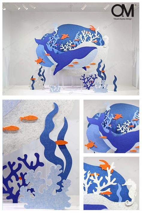 Fish Window Display, Ocean Window Display, Ocean Set Design, Beach Window Display, Window Display Design Creative, Sea Decoration, Ocean Backdrop, Under The Sea Decorations, Decoration Vitrine