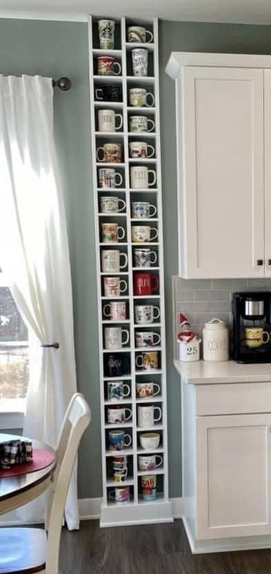 Mug Shelves, Doll Bassinet, Coffee Mug Display, Mug Storage, Coffee Area, Collection Storage, Purple Kitchen, Mug Display, Carpentry Projects